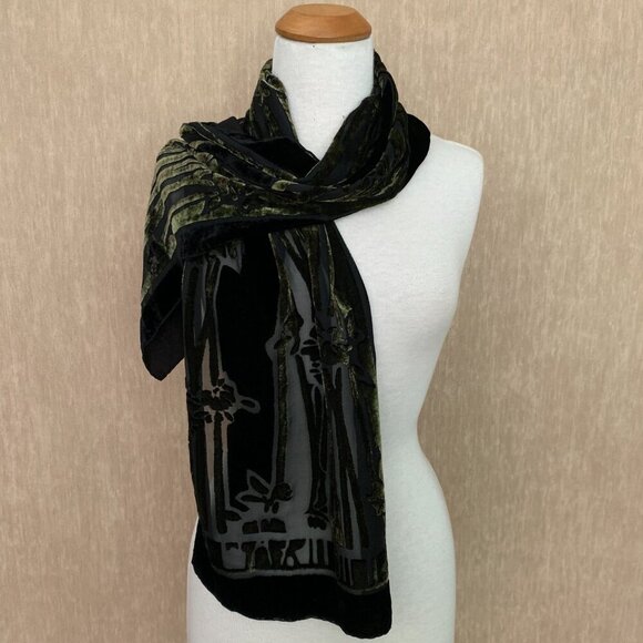 Velvet Devore Scarf - Olive Green Burnout Bamboo Floral - Unbranded - Picture 5 of 7